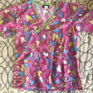 Heart and peace sign scrub top